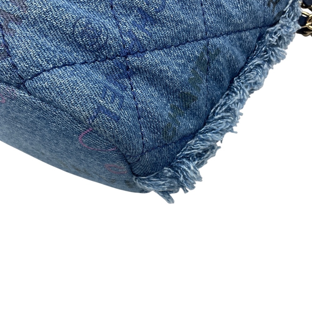 CHANEL 2022 BLUE MULTI QUILTED FRINGED LOGO PRINTED DENIM MOOD CHAIN MINI SHOULD - Picture 8 of 13